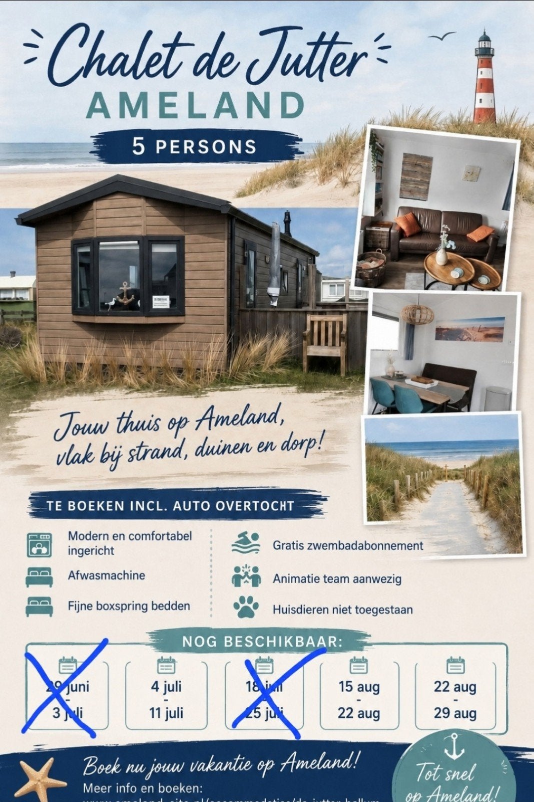 Ameland, 5 pers chalet, Nog 3 weken vrij in het Hoogseizoen, Europa, Zo goed als nieuw, Reisgids of -boek, Ophalen