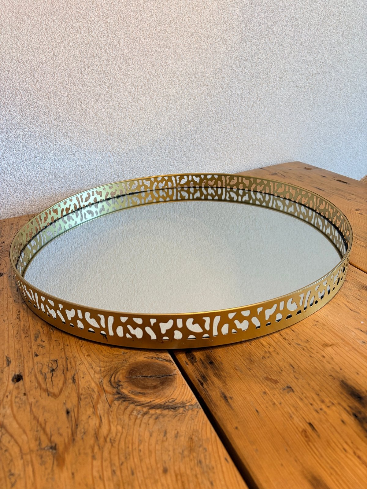 Gouden spiegel dienblad met decoratieve rand, Ophalen of Verzenden, Zo goed als nieuw, Goud, Metaal