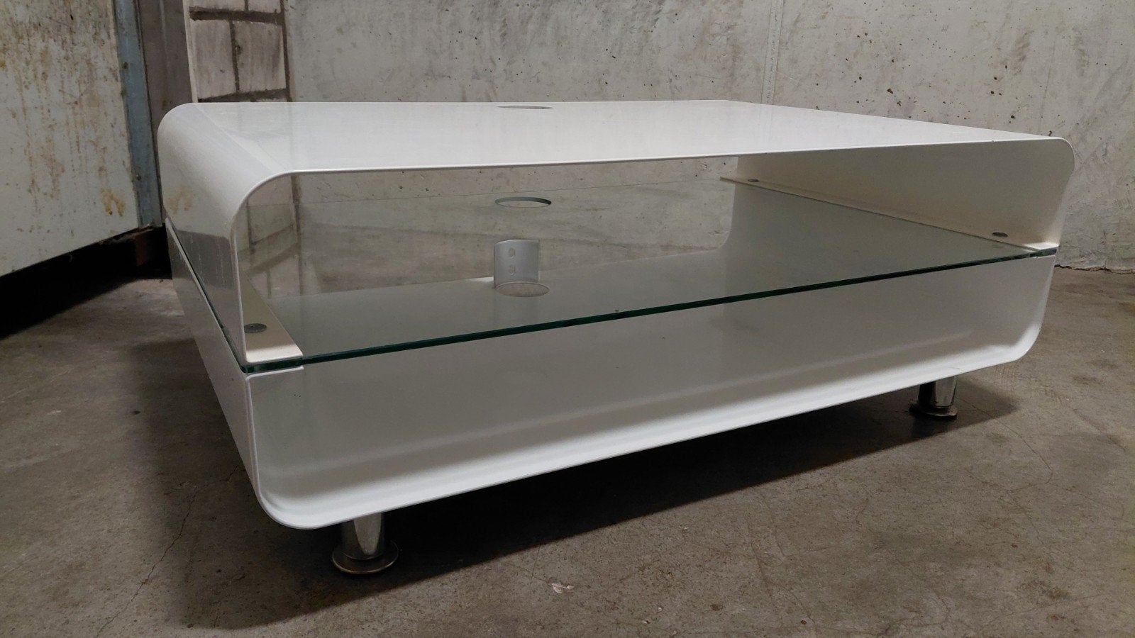 Space age vintage witte tv-meubel met glazen plank, Huis en Inrichting, Ophalen, Gebruikt, 100 tot 150 cm, Glas
