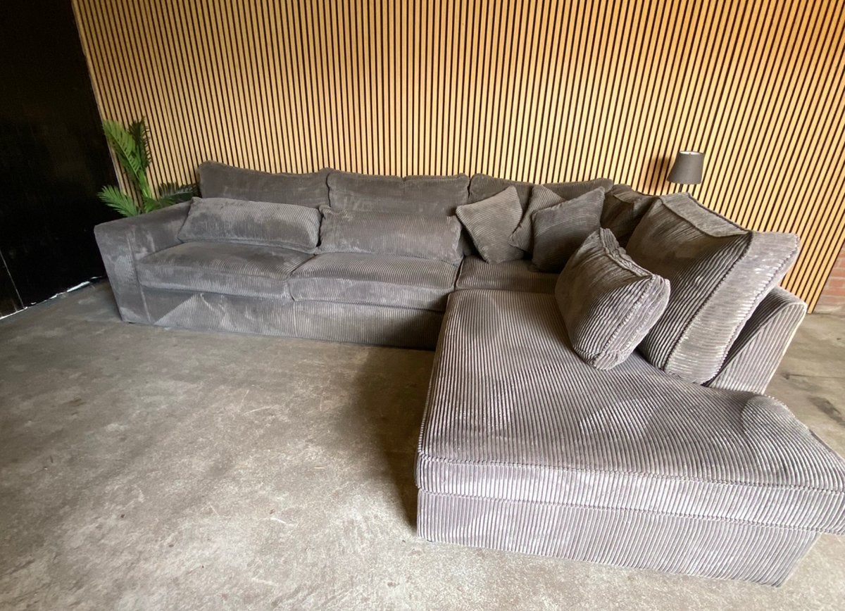 !!ACTIE!! LICHTGRIJZE RIBSTOF HOEKBANK, Huis en Inrichting, Banken | Bankstellen, Hoekbank, 300 cm of meer, Ophalen of Verzenden
