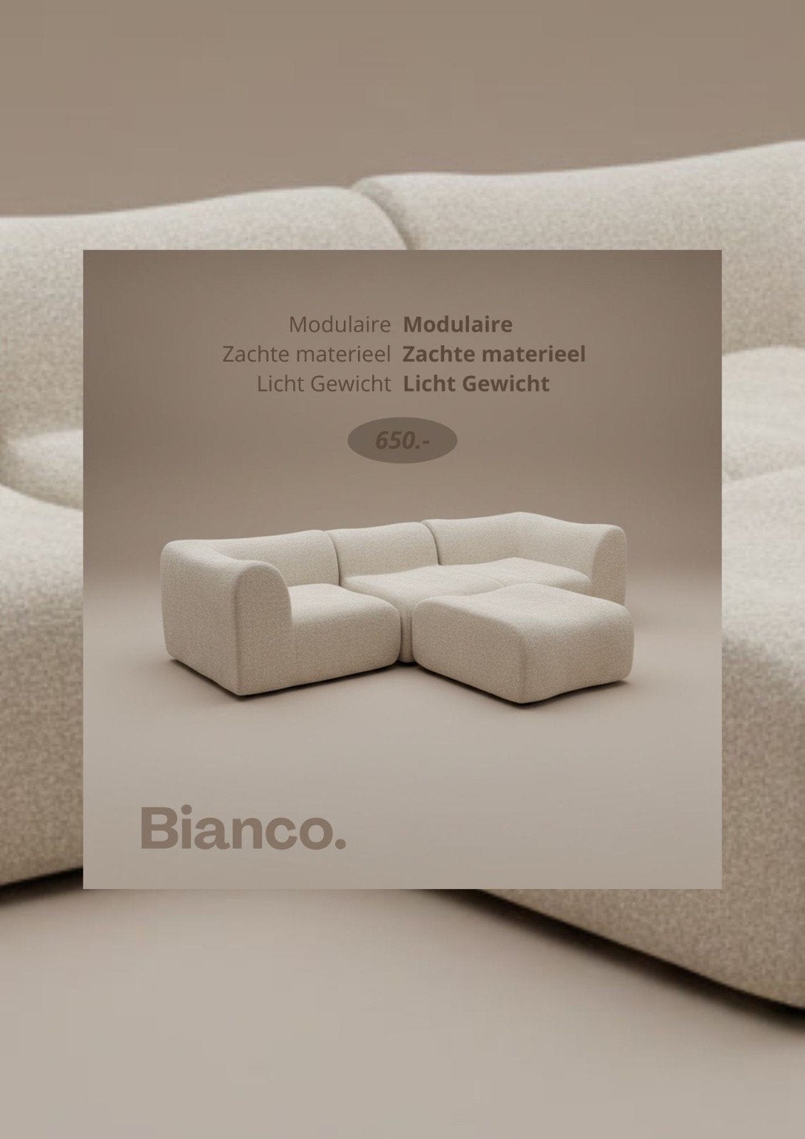 Bianco Modulaire bank, Ophalen, 125 cm of meer, Nieuw, 125 cm of meer