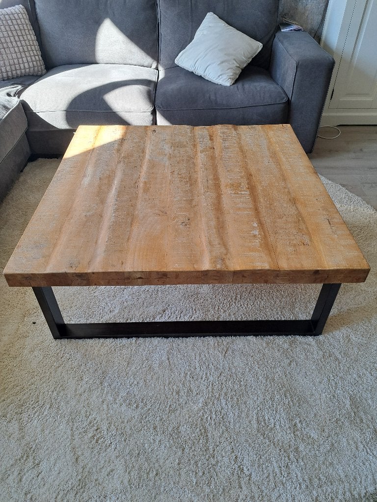 Te Koop salontafel van mangohout, Ophalen, Gebruikt, 100 tot 150 cm, Vierkant