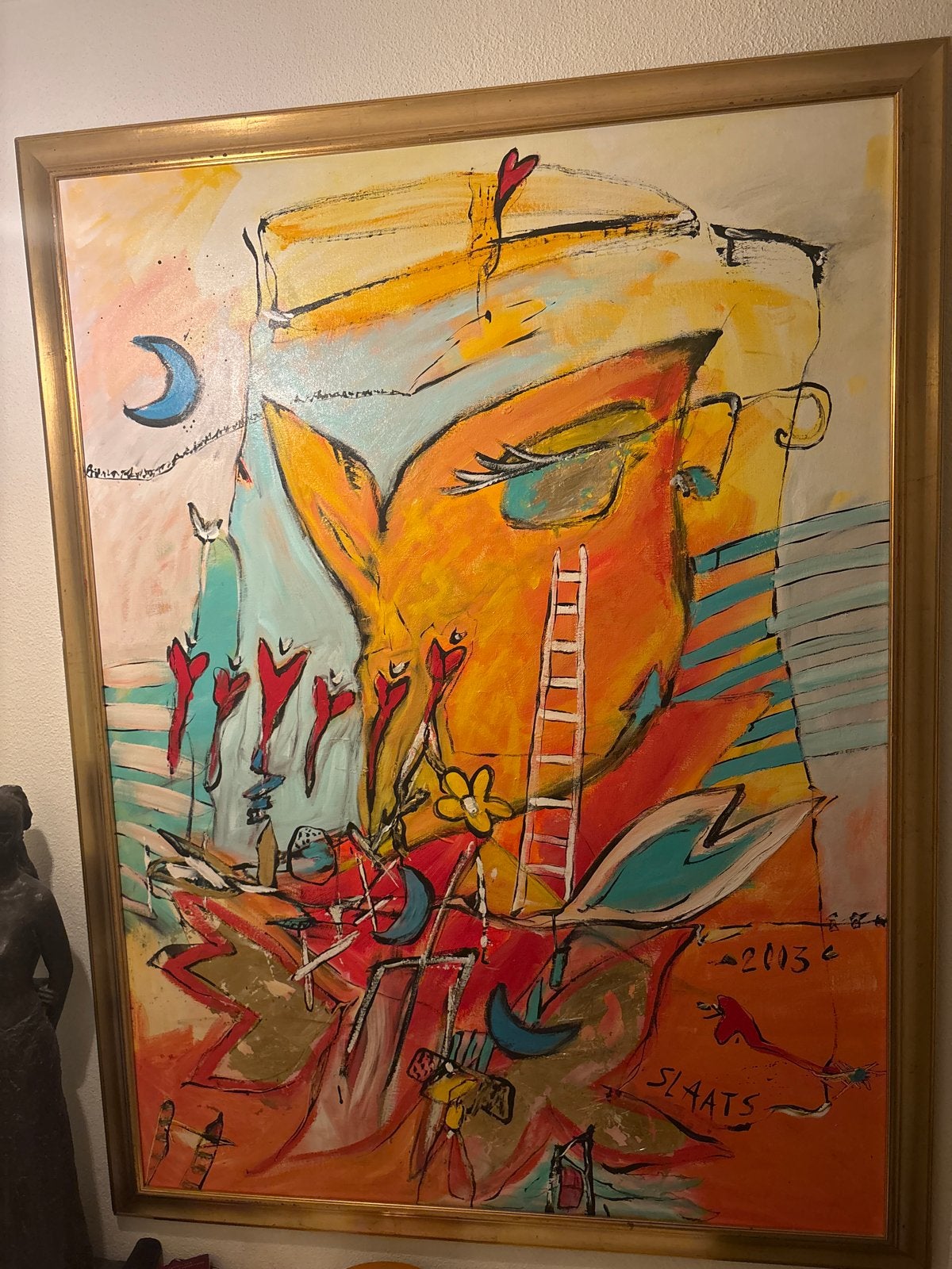 Groot schilderij Mirjam Slaats 2003 met gouden lijst, Ophalen, Abstract, Textiel, Gesigneerd