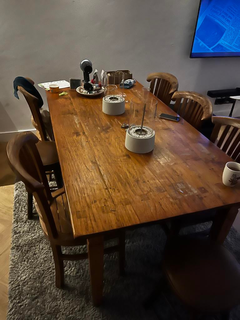 Teakhouten eettafel met 5 stoelen, Ophalen, Gebruikt, 4 tot 6 stoelen