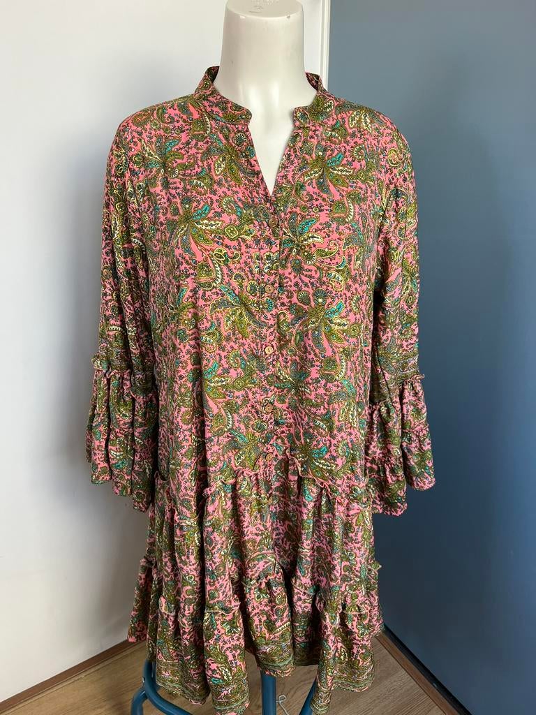 Roze batik hippie boho ibiza gypsy jurk free-size zijde, Maat 38/40 (M), Ophalen of Verzenden, Zo goed als nieuw, Knielengte