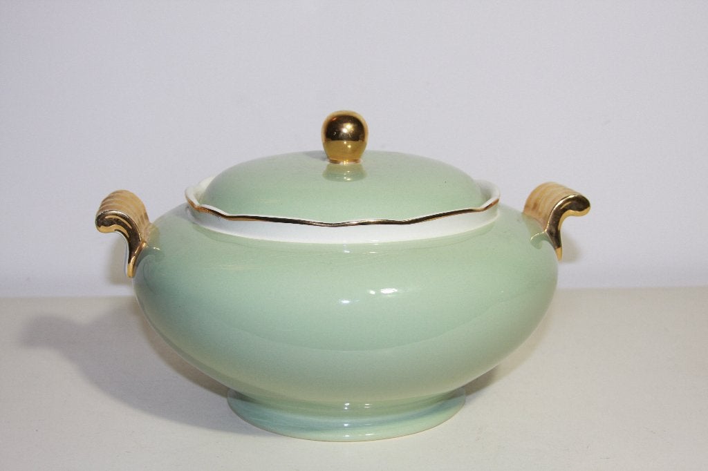 Celadon groen en goud kleurige dekschaal Villeroy & Boch, Ophalen, Klassiek, Villeroy & Boch, Porselein