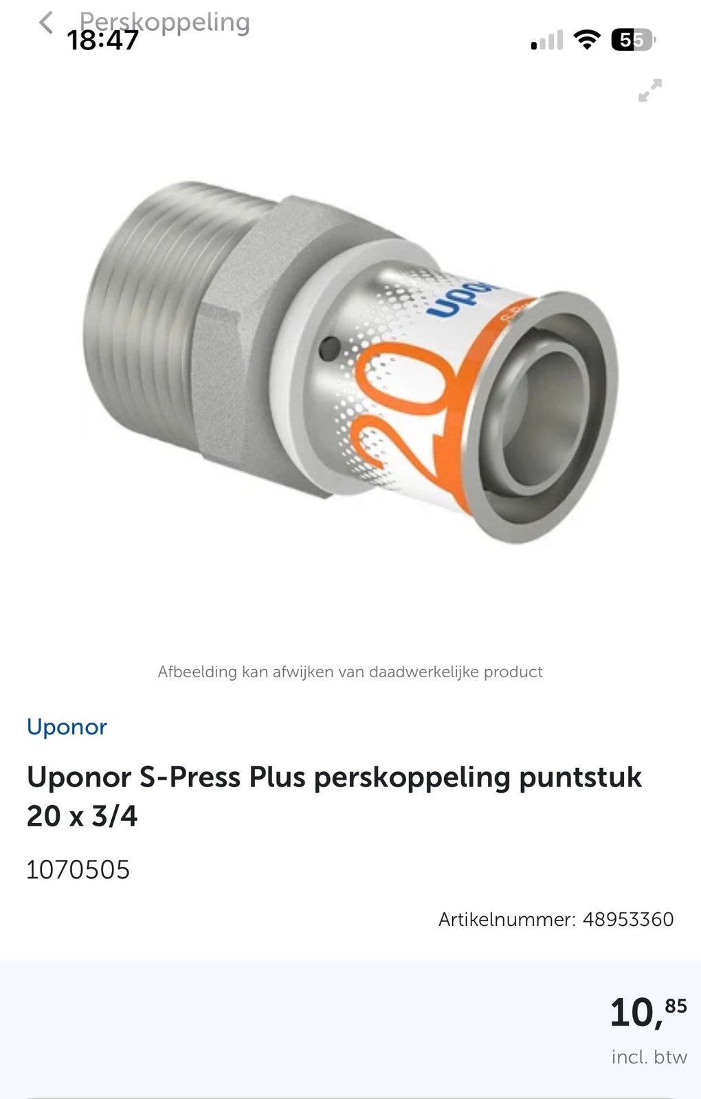 Uponor S-Press Plus perskoppeling puntstuk 20 x 3/4 1070505, Ophalen, Nieuw, Overige typen