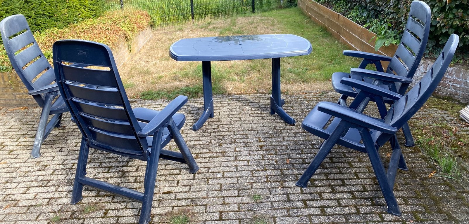 Tuintafel met 4 stoelen blauw, Ophalen, Gebruikt, Tuinset, Eettafel