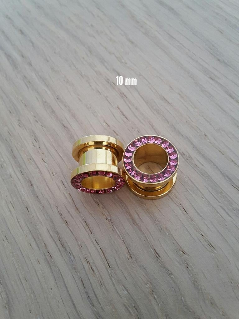 Nieuwe tunnels. Staal. Goud. Epoxy. Roze steentjes. 8 mm., Ophalen of Verzenden, Zo goed als nieuw, Overige materialen, Overige merken