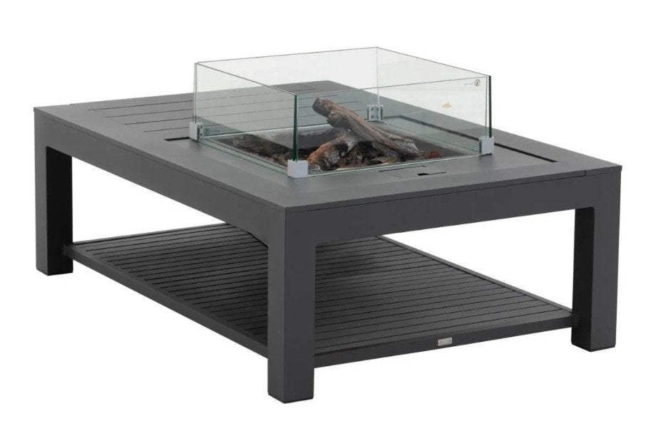 Moderne vuurtafel met glazen ombouw en beschermhoes, Tuin en Terras, Ophalen of Verzenden, Nieuw, Vuurkorf