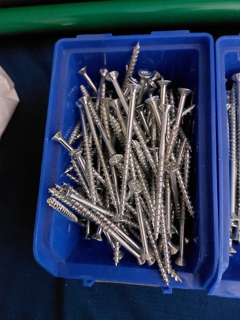 3 bakjes met schroeven  80lang  100lang 35 lang gebruikt, Ophalen of Verzenden, Zo goed als nieuw, 50 tot 100 mm, Schroeven