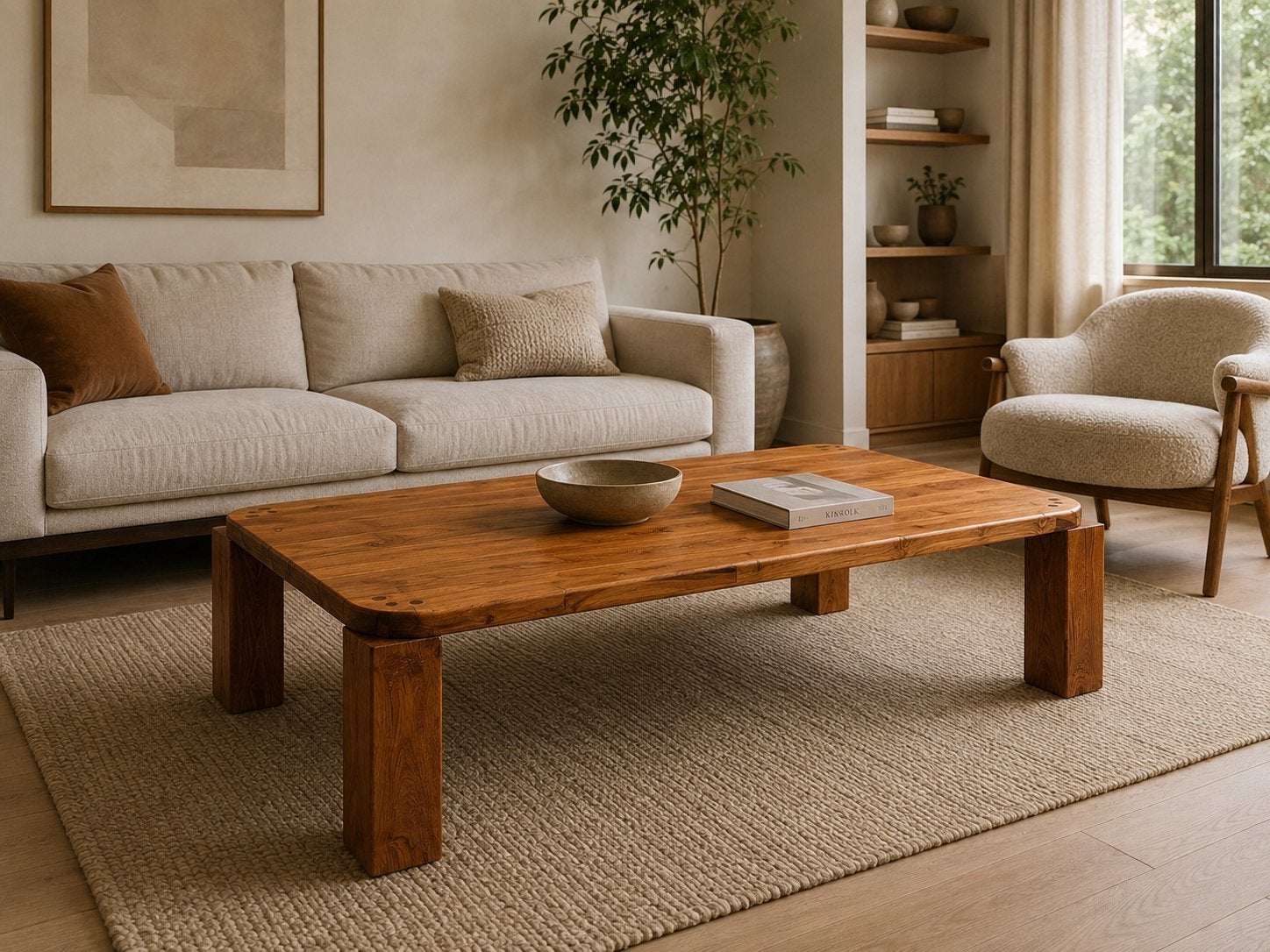 Atlas Coffee – handgemaakte salontafel van massief teak, Ophalen, 100 tot 150 cm, Japandi wabi sabi minimalistisch, Teakhout