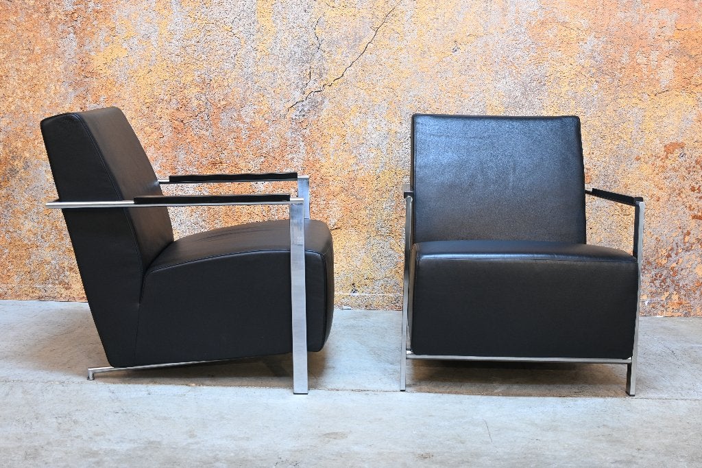 ZGANieuw 2 zwarte leren Harvink Alowa design fauteuils, Harvink, Gebruikt, Harvink, 75 tot 100 cm