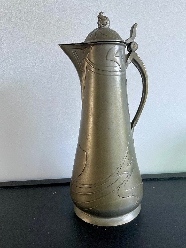 Art nouveau tinnen kan met zweepslag motieven, Antiek en Kunst, Antiek | Tin, Ophalen of Verzenden