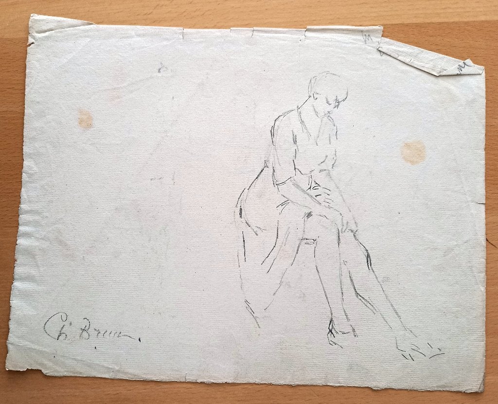 A493-43 Oude tekening Vrouw trekt kous op, Antiek en Kunst, Ophalen of Verzenden