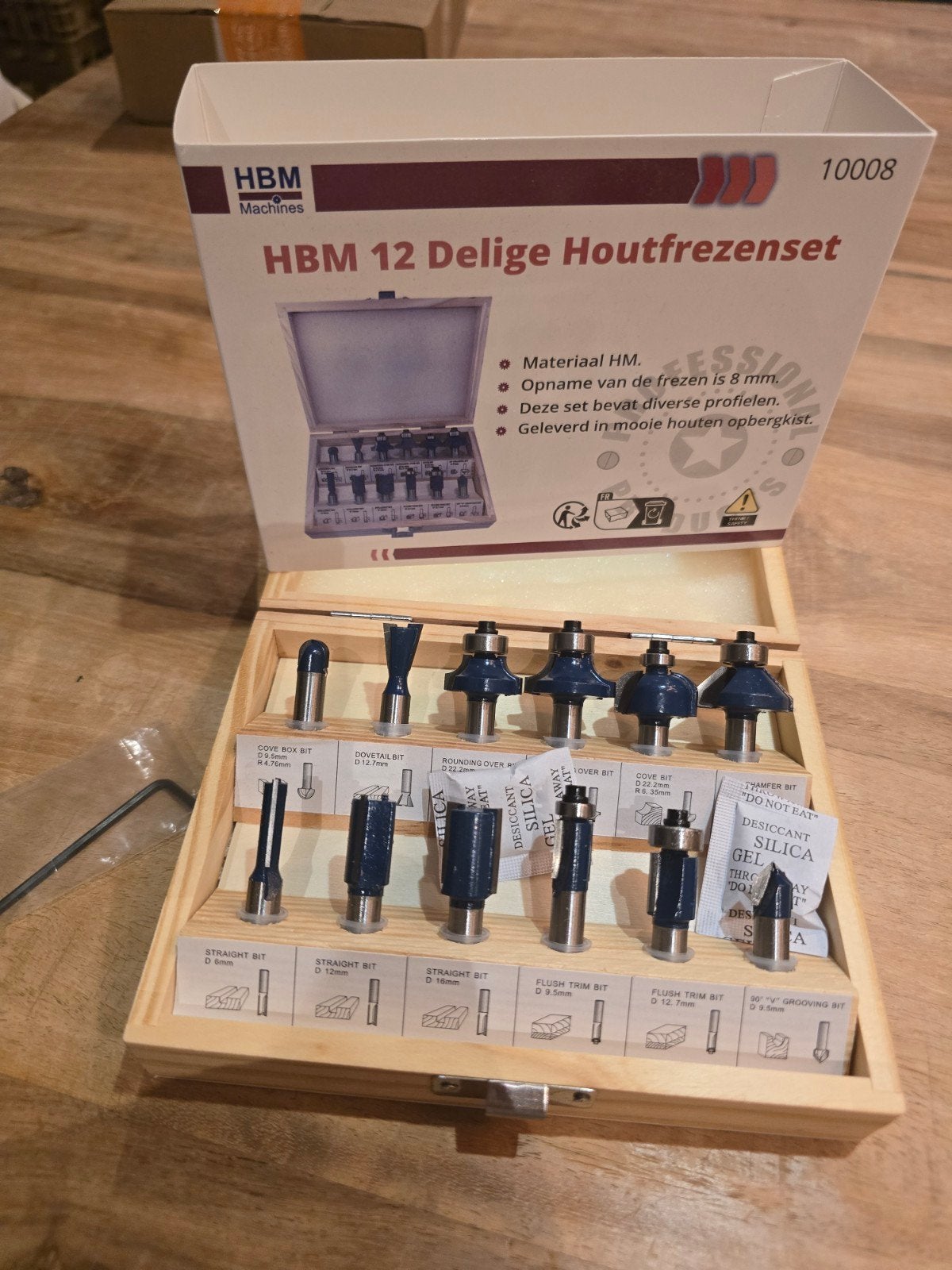 HBM 12 Delige Houtfrezenset - Nieuw in houten kist, Doe-het-zelf en Verbouw, Gereedschap | Freesmachines, Ophalen, Nieuw, Bovenfrees