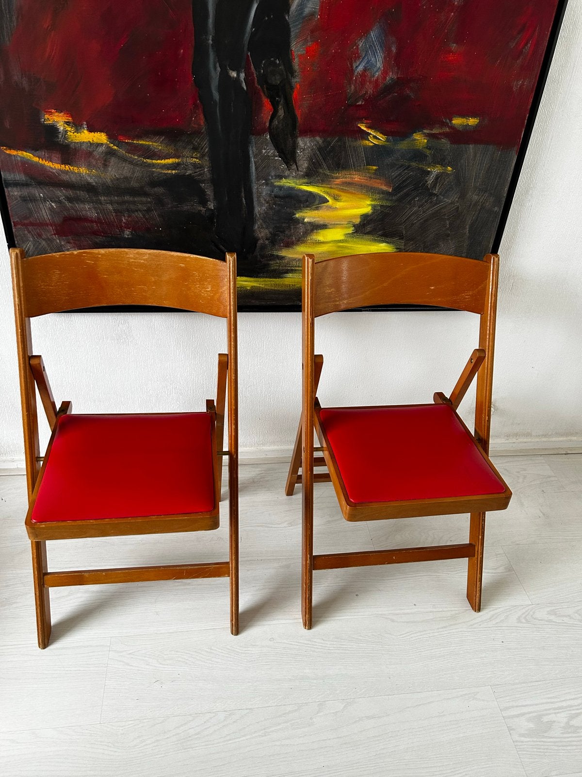 Set van 2 Vintage Houten Klapstoelen – Rood Skai Leer, Ophalen of Verzenden