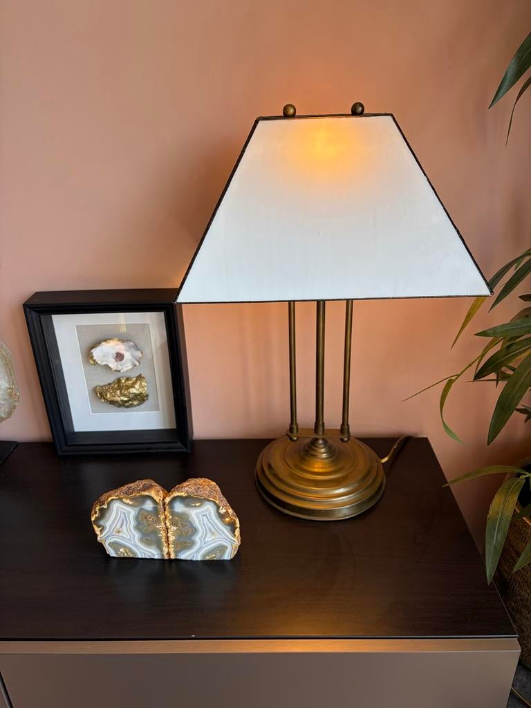Hollywood Regency Tafellamp Messing Opaline, Ophalen of Verzenden, Gebruikt, Glas