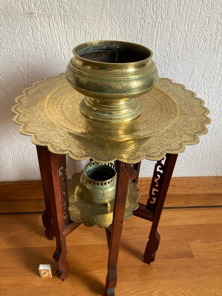 Antiek Chinees houten tafeltje met 2 koper messing bladen, Antiek en Kunst, Ophalen of Verzenden