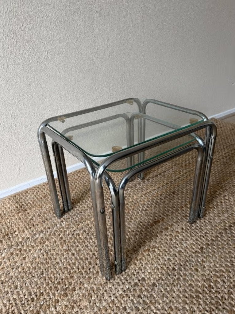 Bauhaus Bijzettafels - Mimiset - Chroom - Retro - Space Age, Minder dan 55 cm, Gebruikt, Metaal of Aluminium, Vierkant