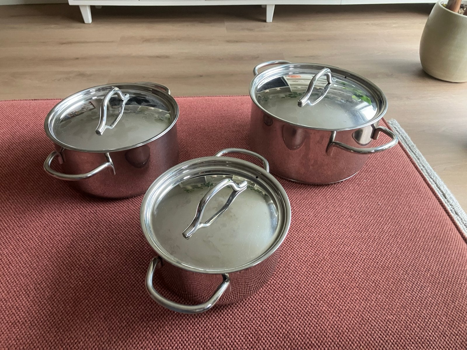 Pannenset RVS - 3 stuks met deksel, Gebruikt, Pannenset, Ophalen of Verzenden, Rvs