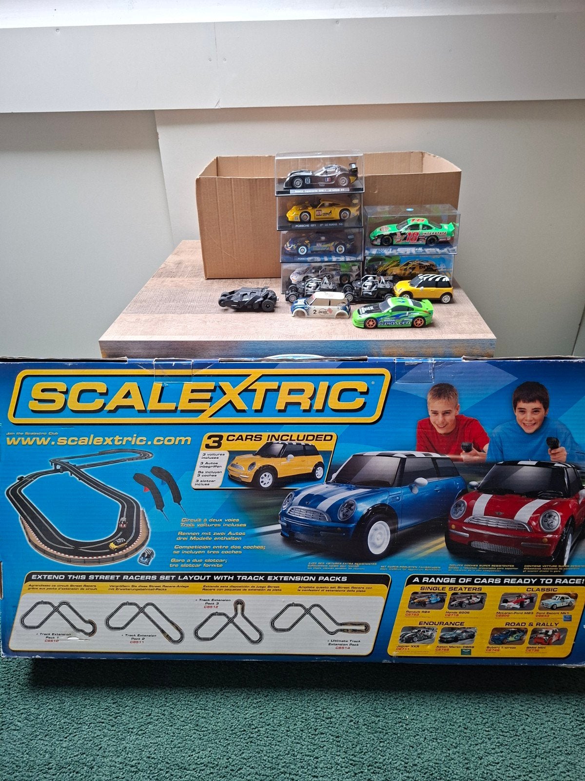 Scalextric Racebaan Set met Extra Auto's en Baandelen, Ophalen, Racebaan, Zelf te bouwen, Zo goed als nieuw