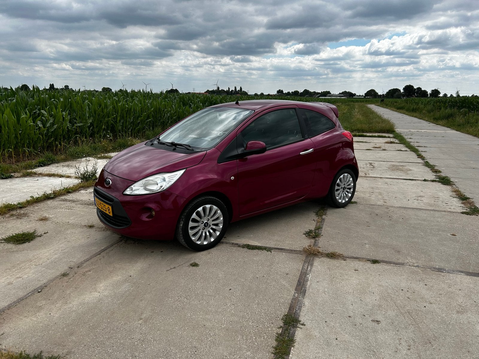 Ford Ka 1.2 roze met dikke spoiler, Voorwielaandrijving, 1242 cc, 4 cilinders, 4 stoelen