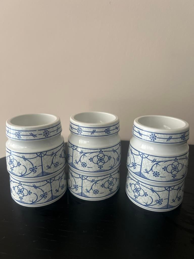 6 eierdopjes Blue Saks (jager), Gebruikt, Keramiek, Overige typen, Ophalen of Verzenden