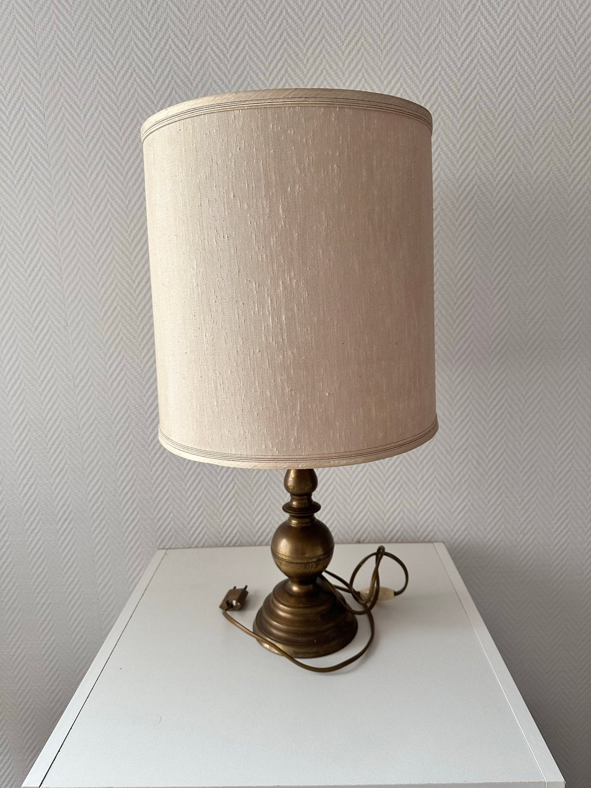 Vintage Tafellamp Messing met Stoffen Kap - Klassiek Design, Gebruikt, Met kap, Bruin, E27 (groot)