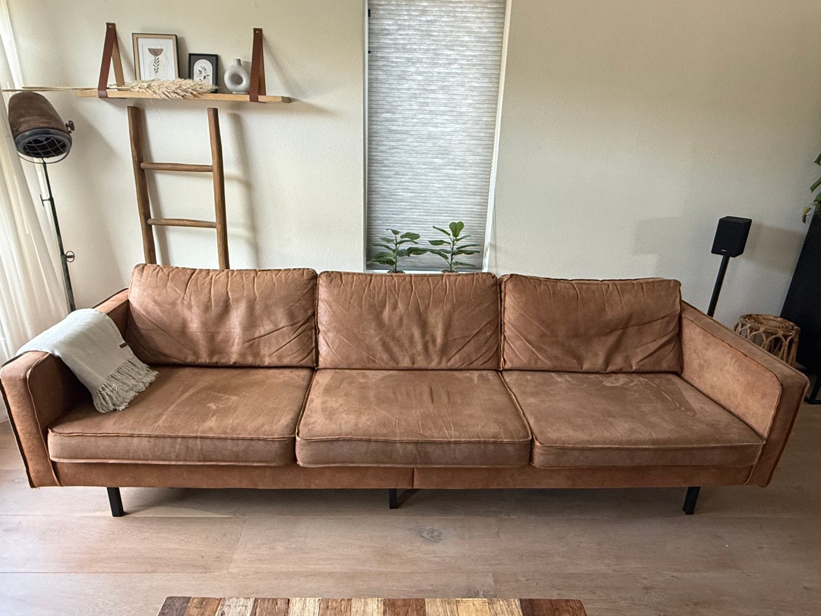 Rodeo 3-zits bank met bijpassende poef cognac. BIEDEN!, Ophalen, Gebruikt, Leer