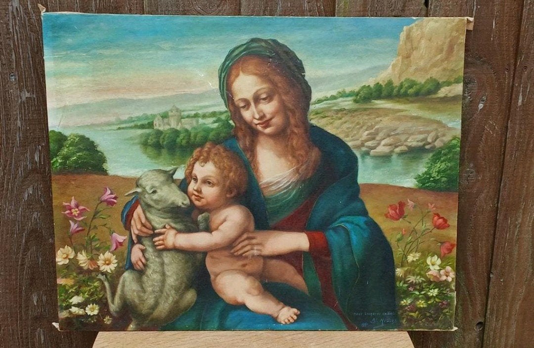 Olieverfschilderij Madonna met Kind en Lam, naar Da Vinci, Ophalen of Verzenden