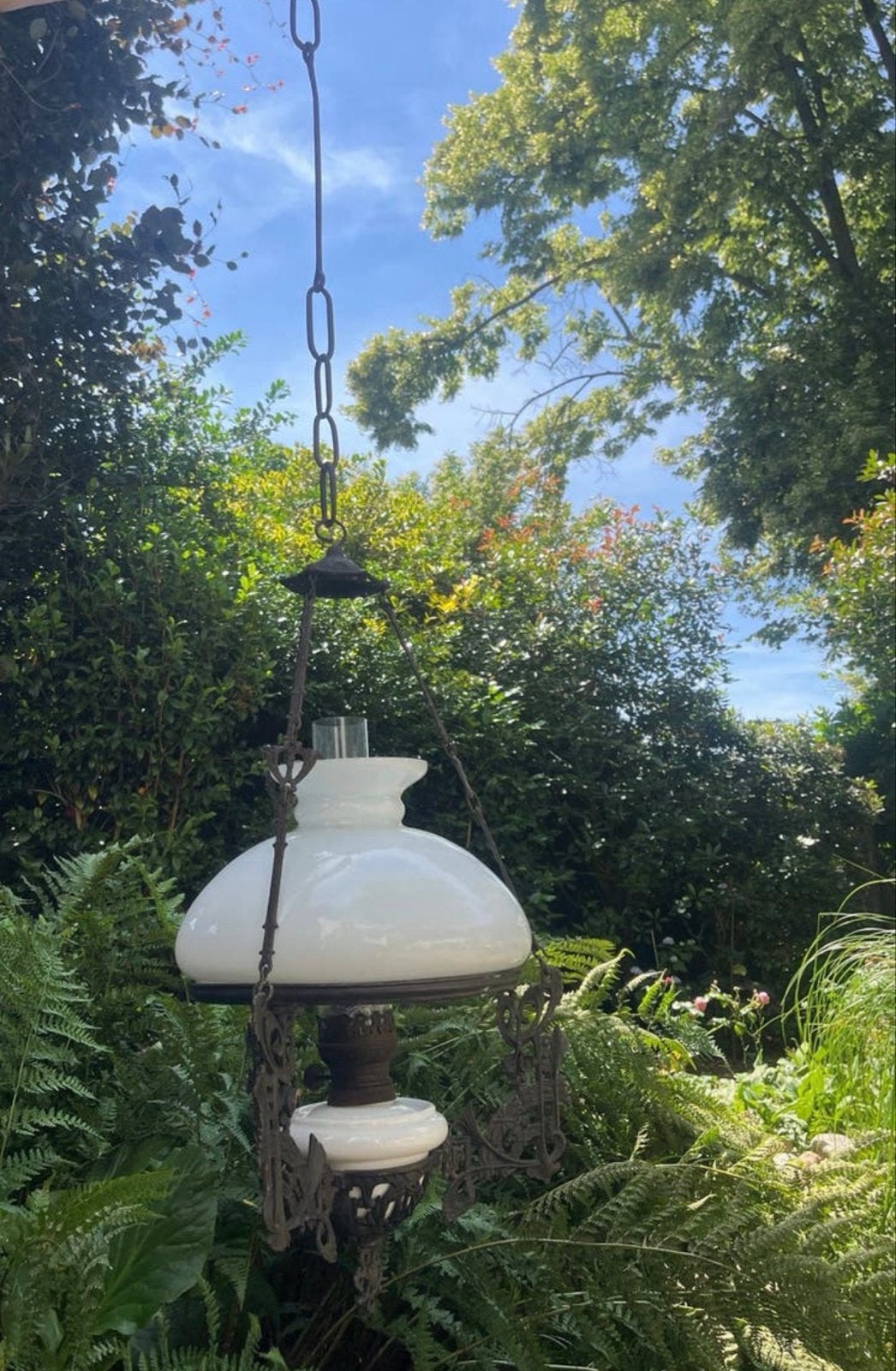 Antieke Olielamp Hanglamp - Wit Glas & Metaal, Ophalen