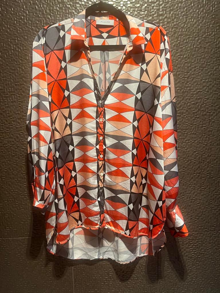 Zijden blouse Aglini 44 met geometrisch patroon, Ophalen of Verzenden, Zo goed als nieuw, Maat 42/44 (L), Rood