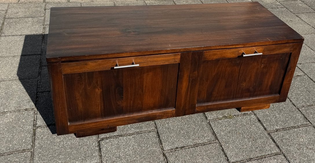 Donkerbruin houten tv meubel met twee deuren., Ophalen, Gebruikt, 100 tot 150 cm, Minder dan 100 cm