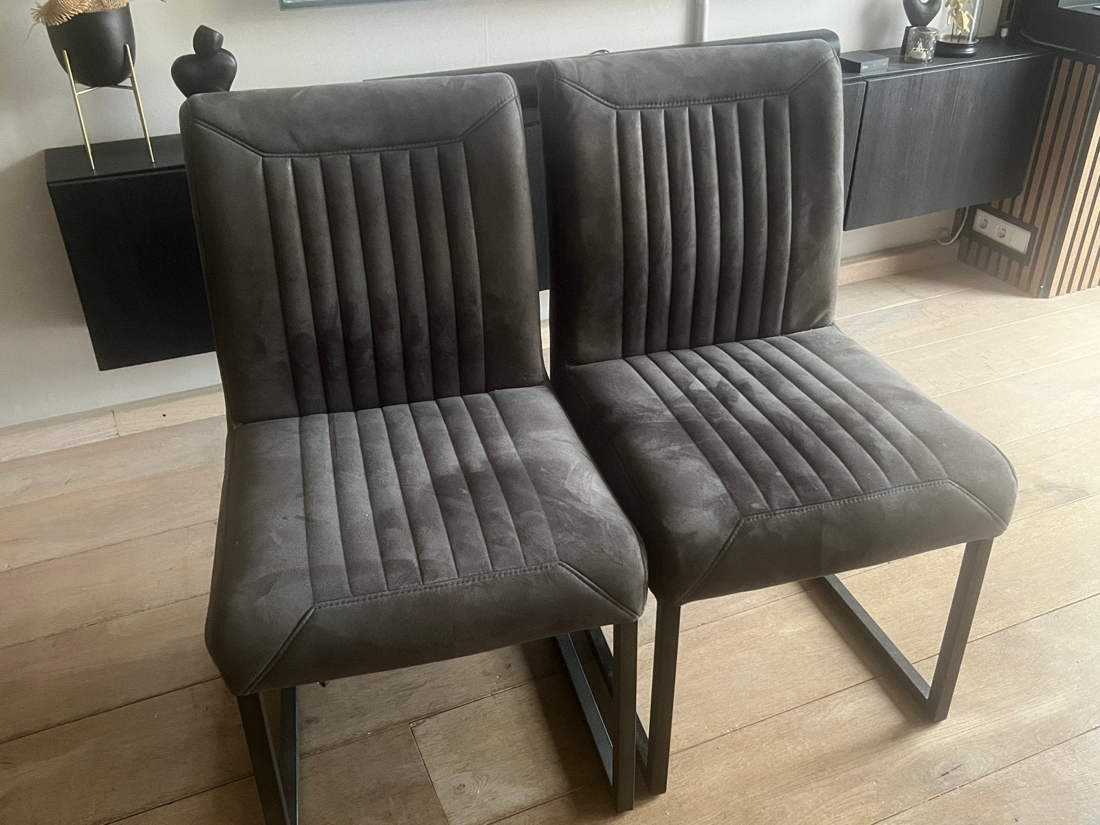 Antracietkleurige Eetkamerbank (1.60m) met 2 stoelen, Ophalen, Gebruikt, Twee, Stof