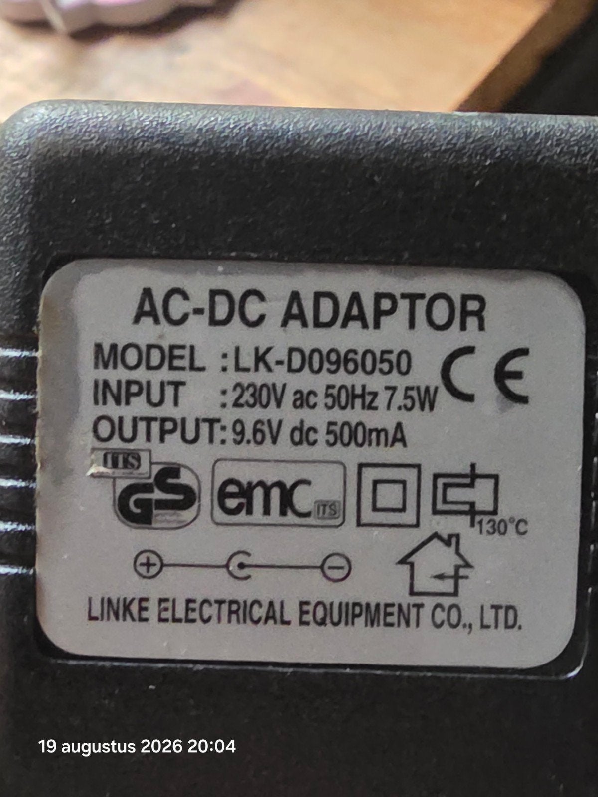 AC-DC Adaptor LK-D096050 - 9.6V DC 500mA, Ophalen of Verzenden, Gebruikt
