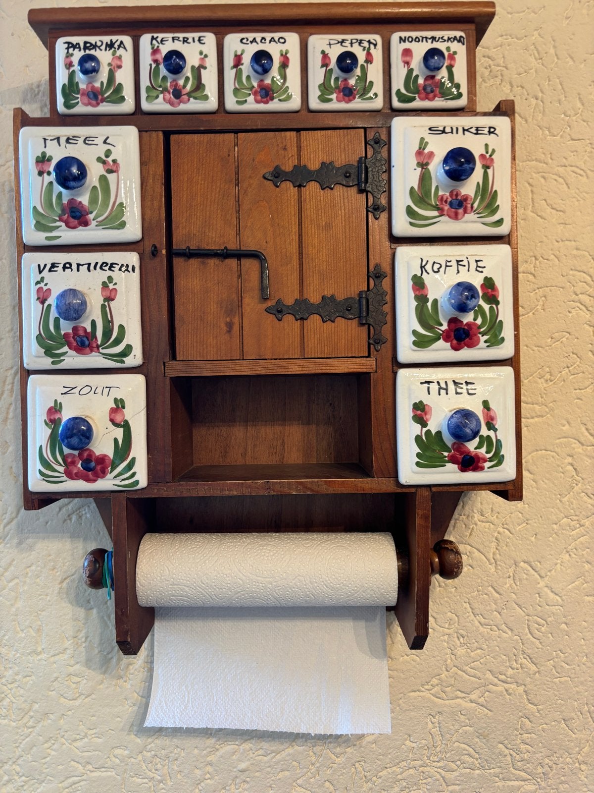 Vintage kruidenrek met keramische lades en keukenrolhouder, Ophalen of Verzenden
