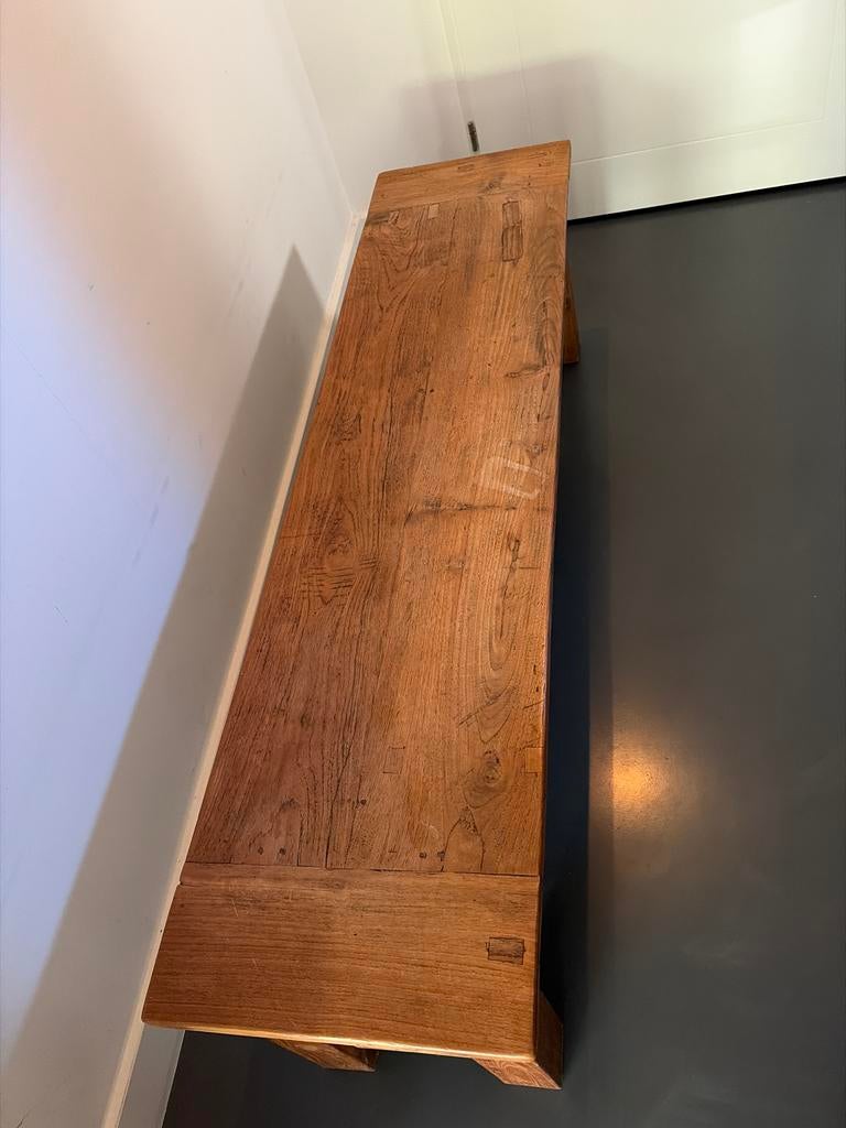 Massief Eikenhouten Bankje - 160x40x46 cm, Ophalen, Gebruikt, Bruin, Hout