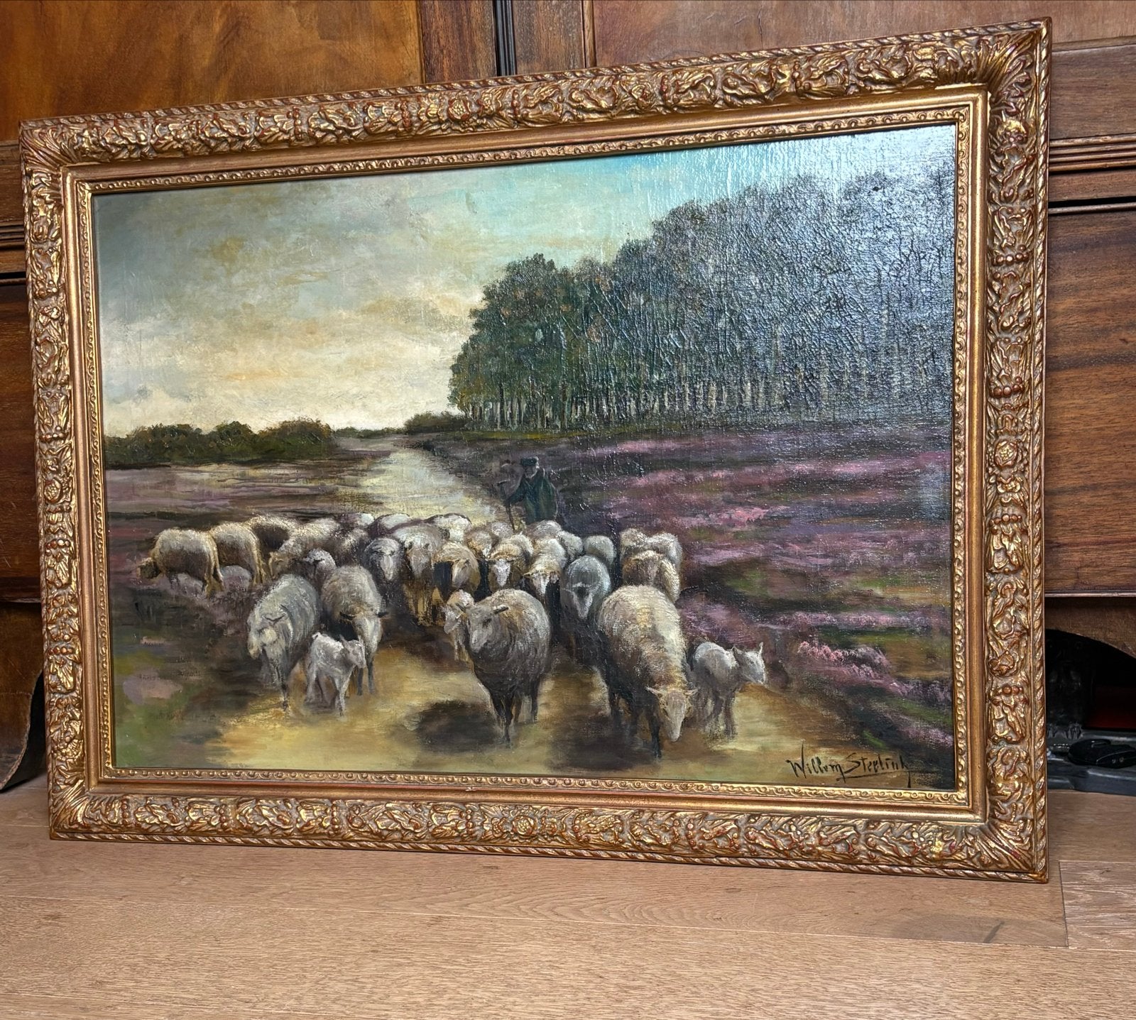 Willem Steelink Jr. - Herder met schapen op de heide, Antiek en Kunst, Ophalen, Doek, Realistisch, Dieren