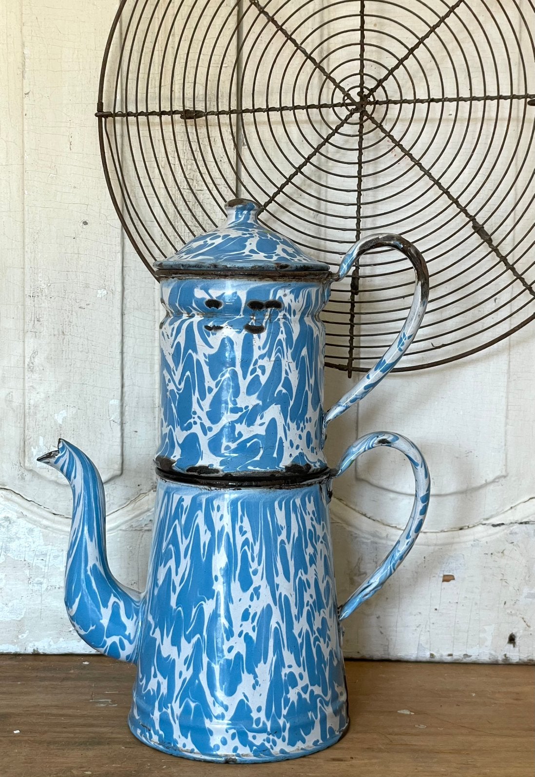 Emaille oude koffiepot filter blauw met wit gevlekt, Antiek en Kunst, Ophalen of Verzenden