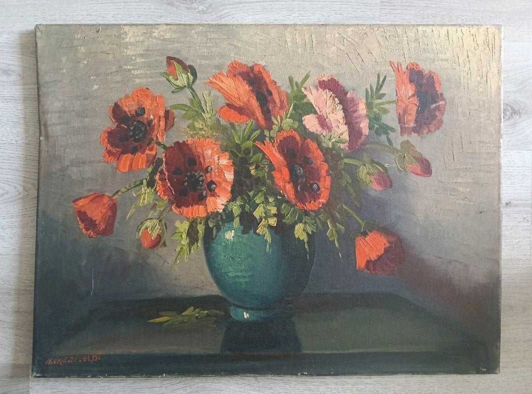 Stilleven met klaprozen - H Vredeveldt - 1930, Ophalen of Verzenden, Impressionistisch, Olieverf, Bloemen