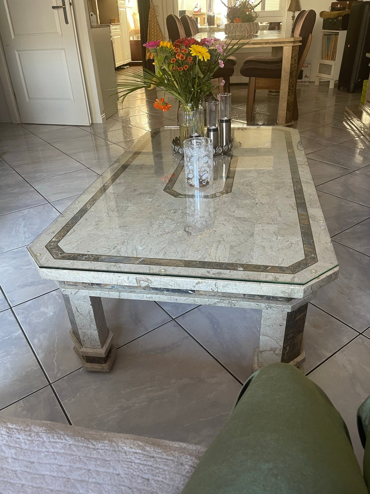 Marmeren Salontafel en Eettafel Set met Glazen Blad, Huis en Inrichting, Tafels | Salontafels, 50 – 75, Gebruikt, 100 tot 150 cm