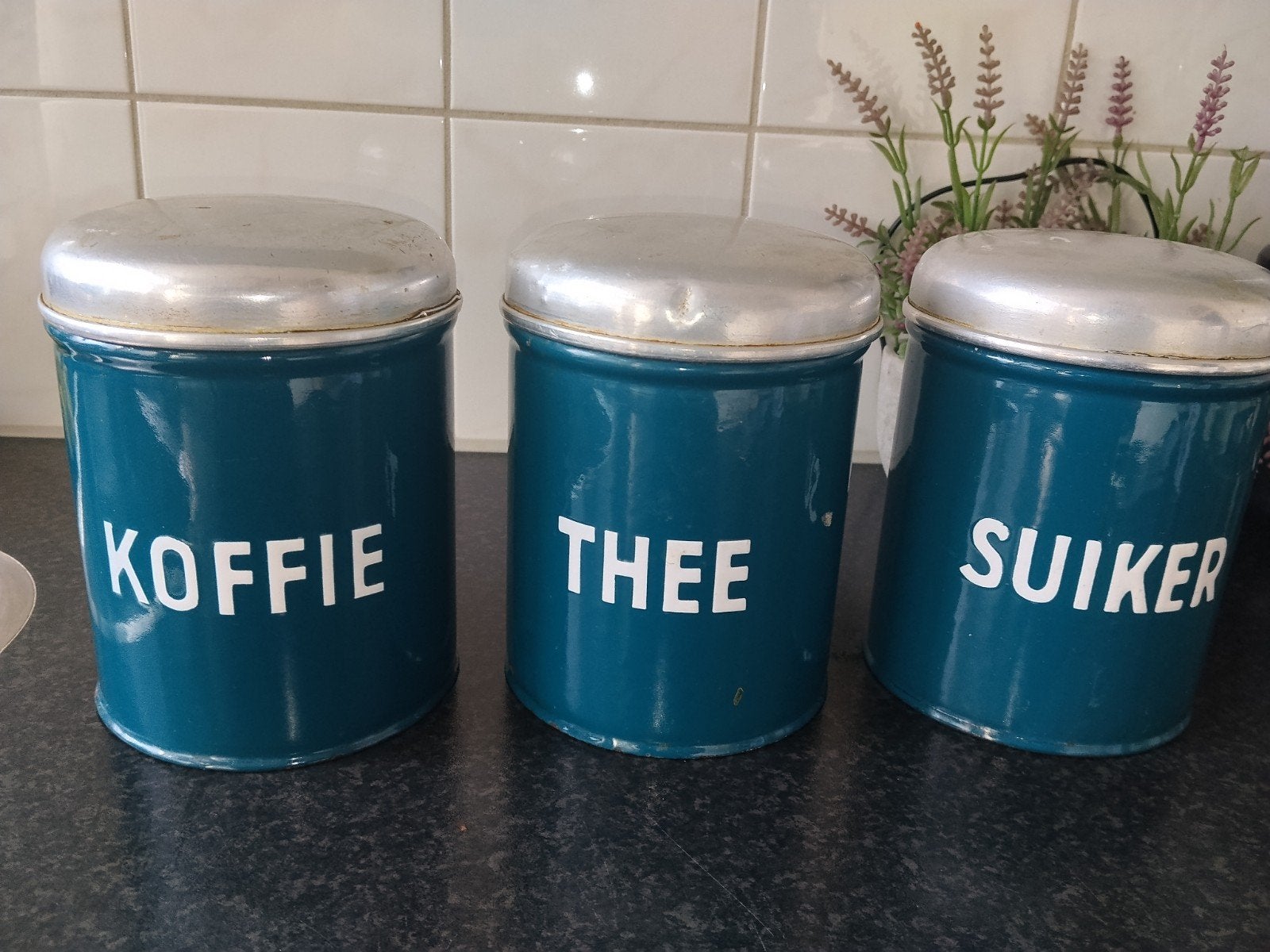 Vintage emaille blikken: Koffie, Thee, Suiker (set van 3), Ophalen of Verzenden