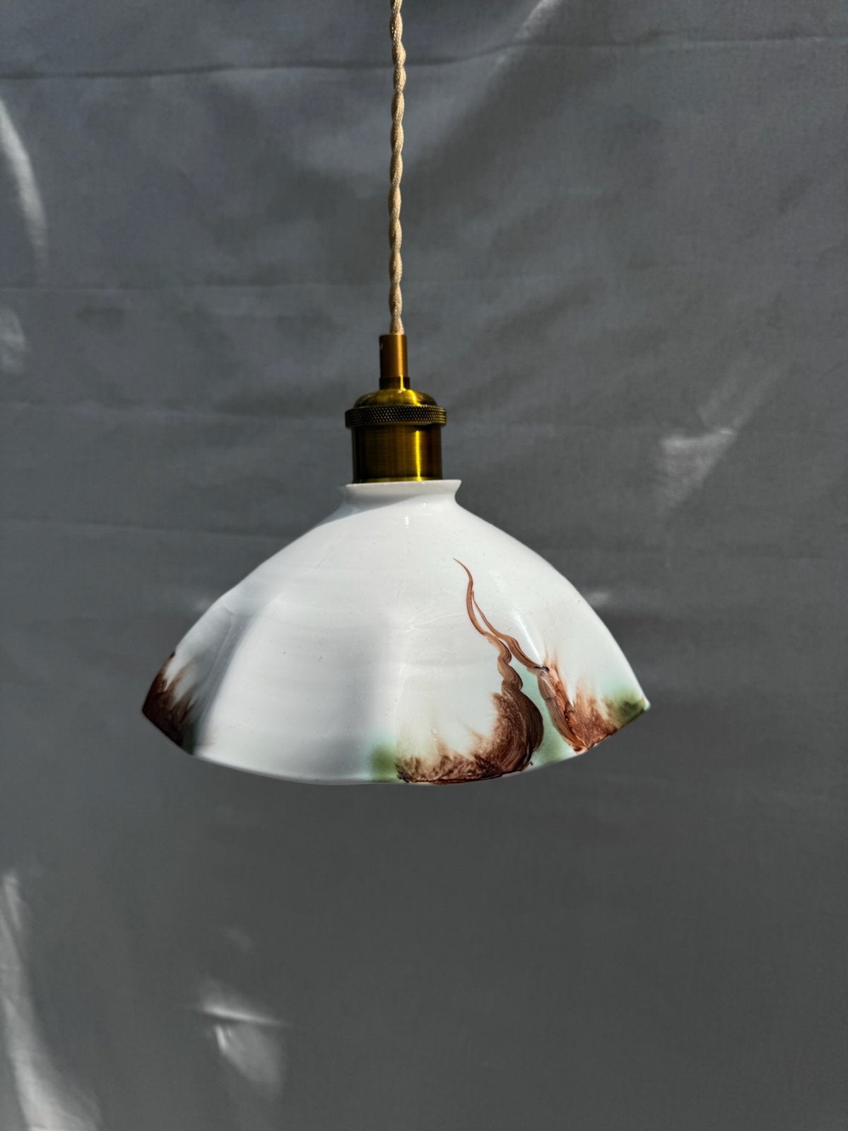Vintage opaline glazen hanglamp –wit met bruin/groen – retro, Antiek en Kunst, Ophalen of Verzenden