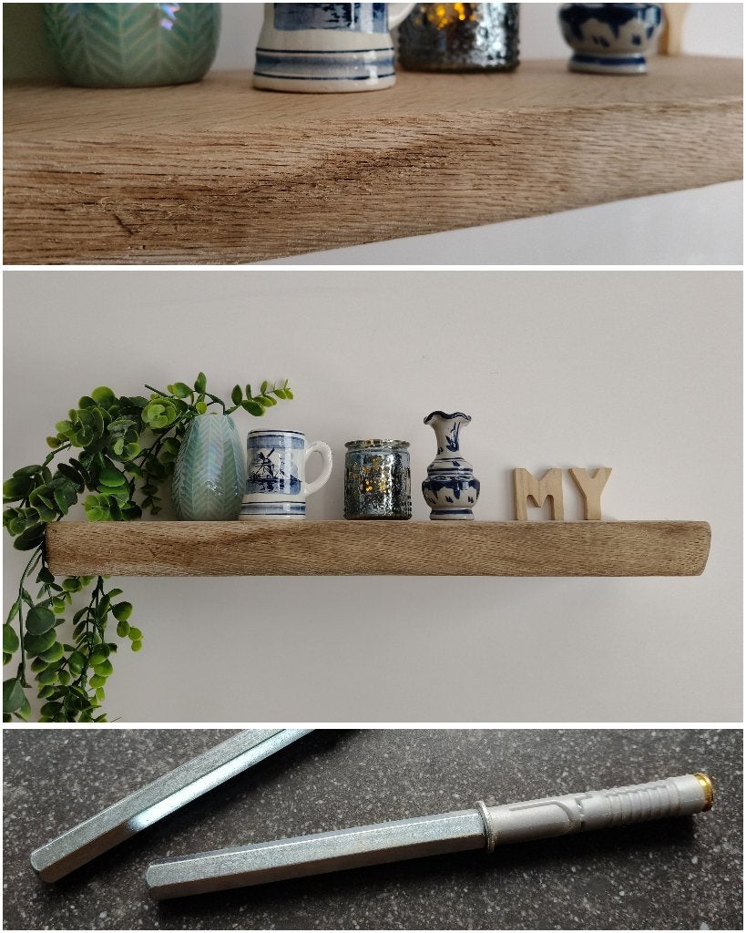 Wandplank zwevend massief eikenhout + mont.pennen 47cm #268, Houtatelier M.Y., Info@myhoutatelier.nl, Nieuw, Ophalen of Verzenden