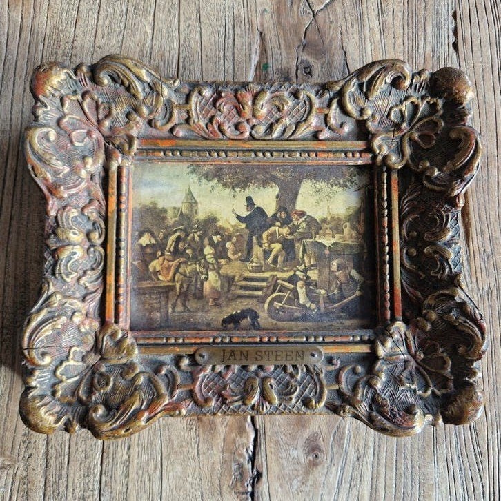 Oud Hollands schilderij in barokke lijst, Jan Steen stijl, Paneel, Oud hollands, Bijzondere lijst, Ophalen of Verzenden