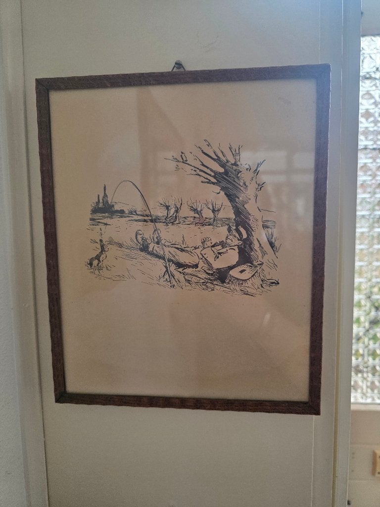 Vintage Tekening: Visser aan de Waterkant, Antiek en Kunst, Ophalen, Realistisch, Landschap, Tekening