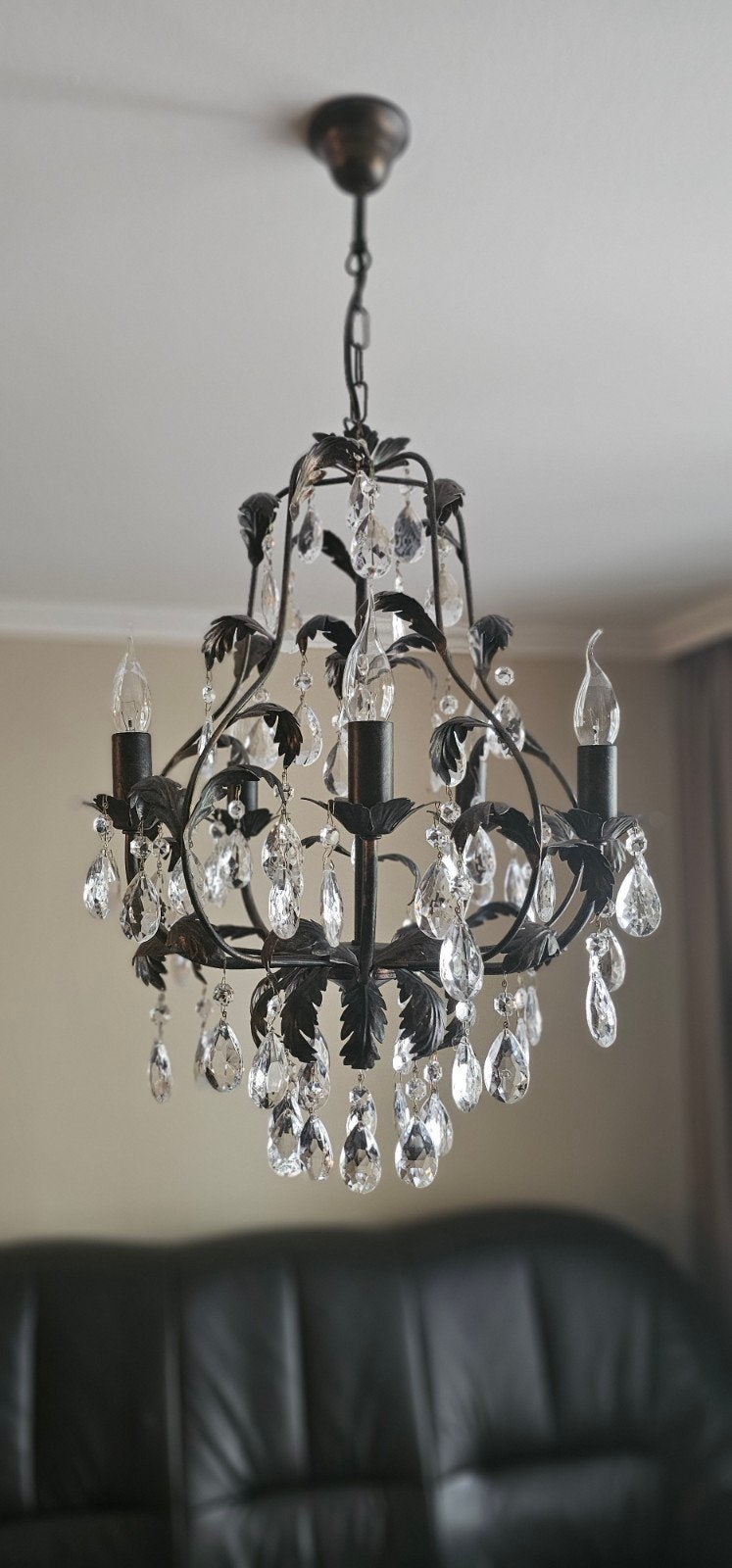 Kroonluchter Botte 5-lamps brons met kristallen, Ophalen of Verzenden, Gebruikt, Metaal, Klassiek, Barok, Romantisch