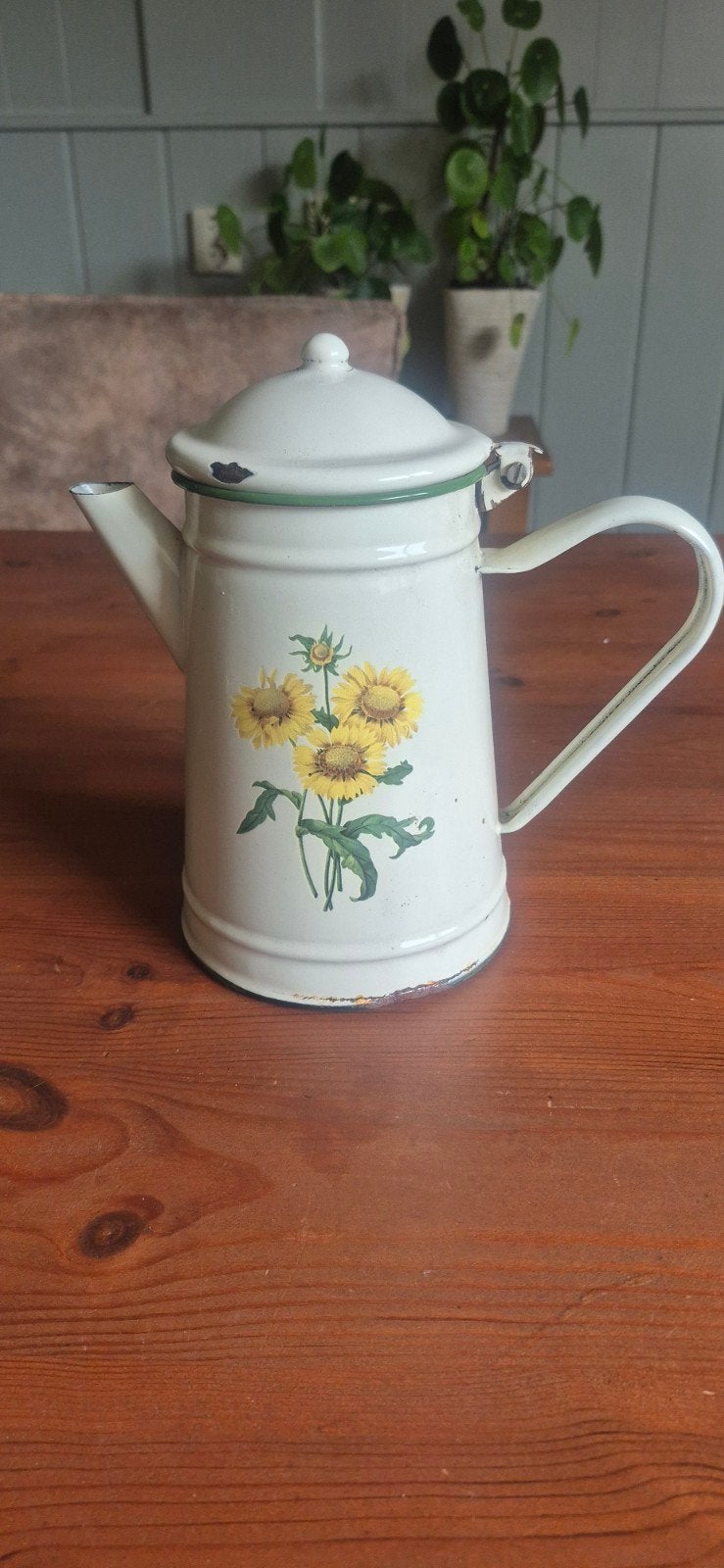 Vintage emaille koffiekan met zonnebloemen, Ophalen of Verzenden
