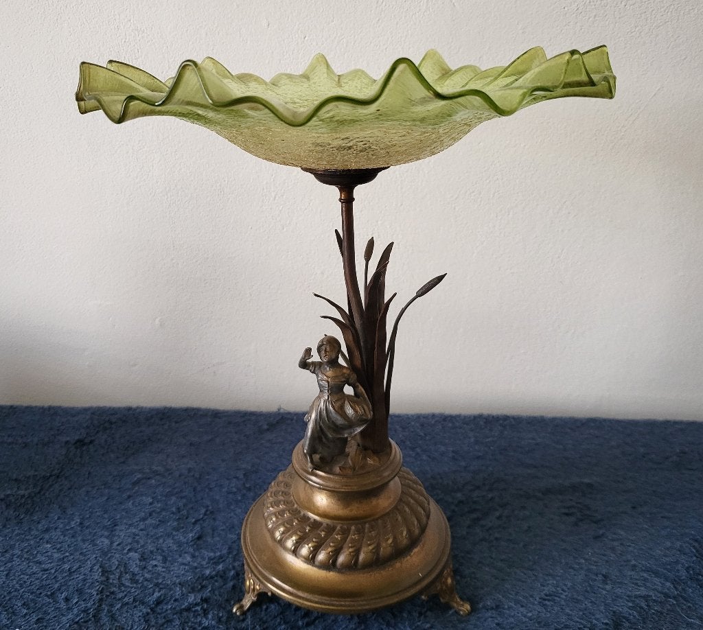 Brocante groene glazen schaal op koperen voet zie foto's, Antiek en Kunst, Verzenden